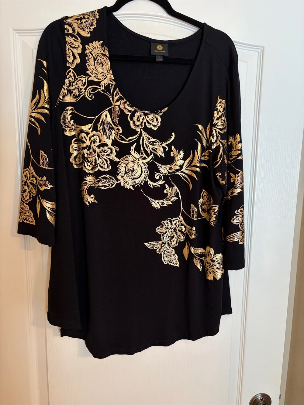 JM Collection Black and Gold Floral Top 1X